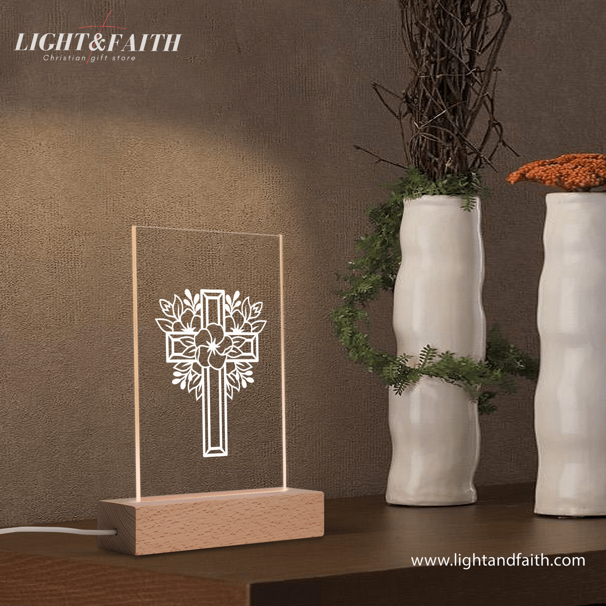 Christian Cross LED Night Light with Floral Design – Faith-Based Home Decor Gift, Faith Gift for Believers. NLLAF23